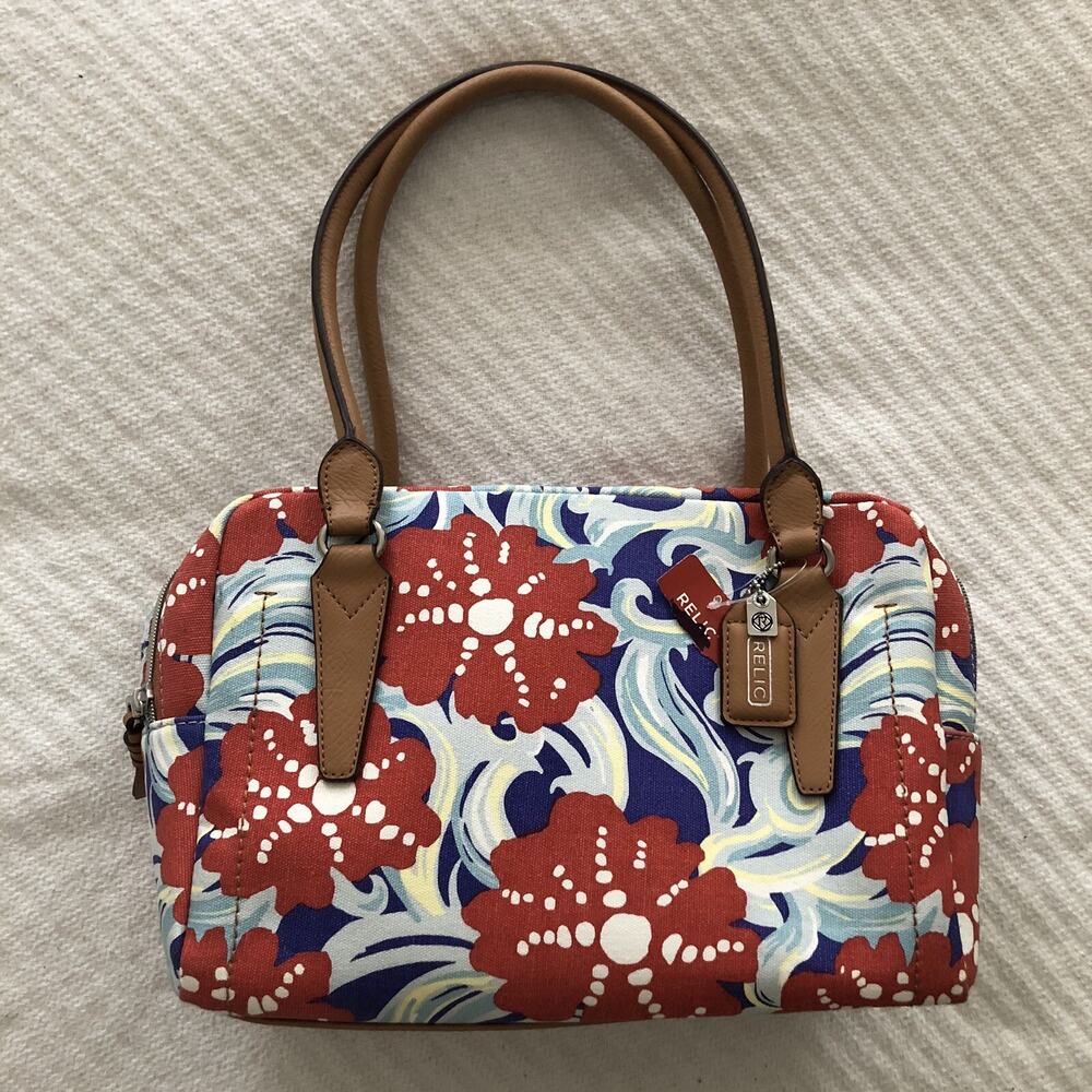 Relic Canvas Bag Double Shoulder Strap Purse 2 Zipper Compartments Coral Blue